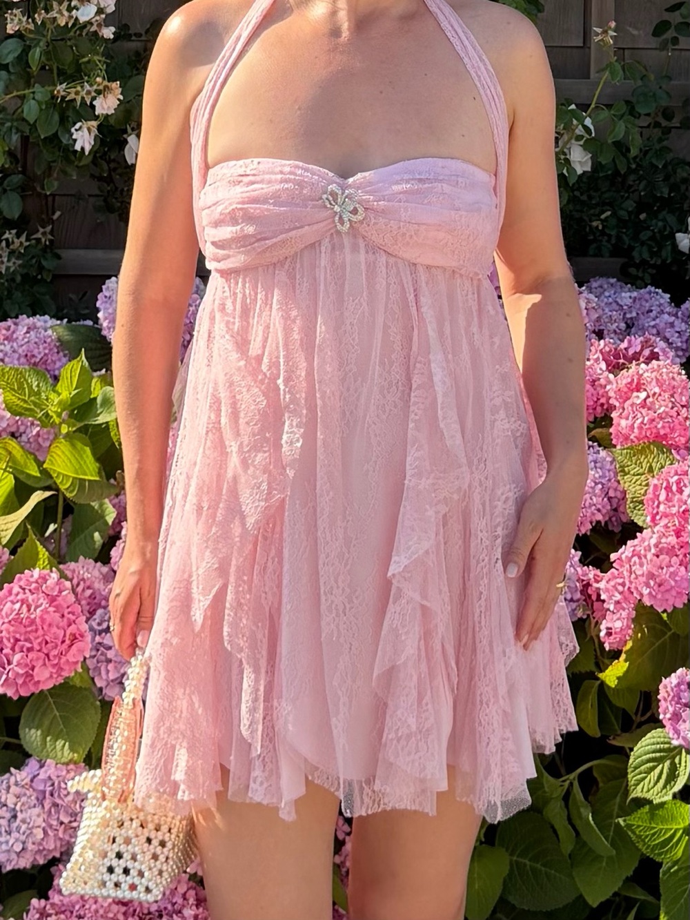 Nana Jacqueline Pink Lace Halter Mini Dress with Bow Brooch
